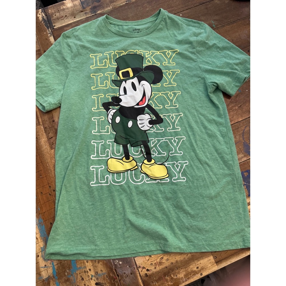 Disney Mickey Mouse Lucky St Patricks Day Green Graphic Tee Shirt Medium